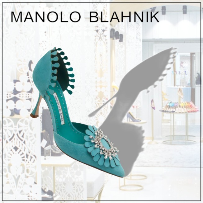 【MANOLO BLAHN】ライトブルースエードジュエル装飾パンプス