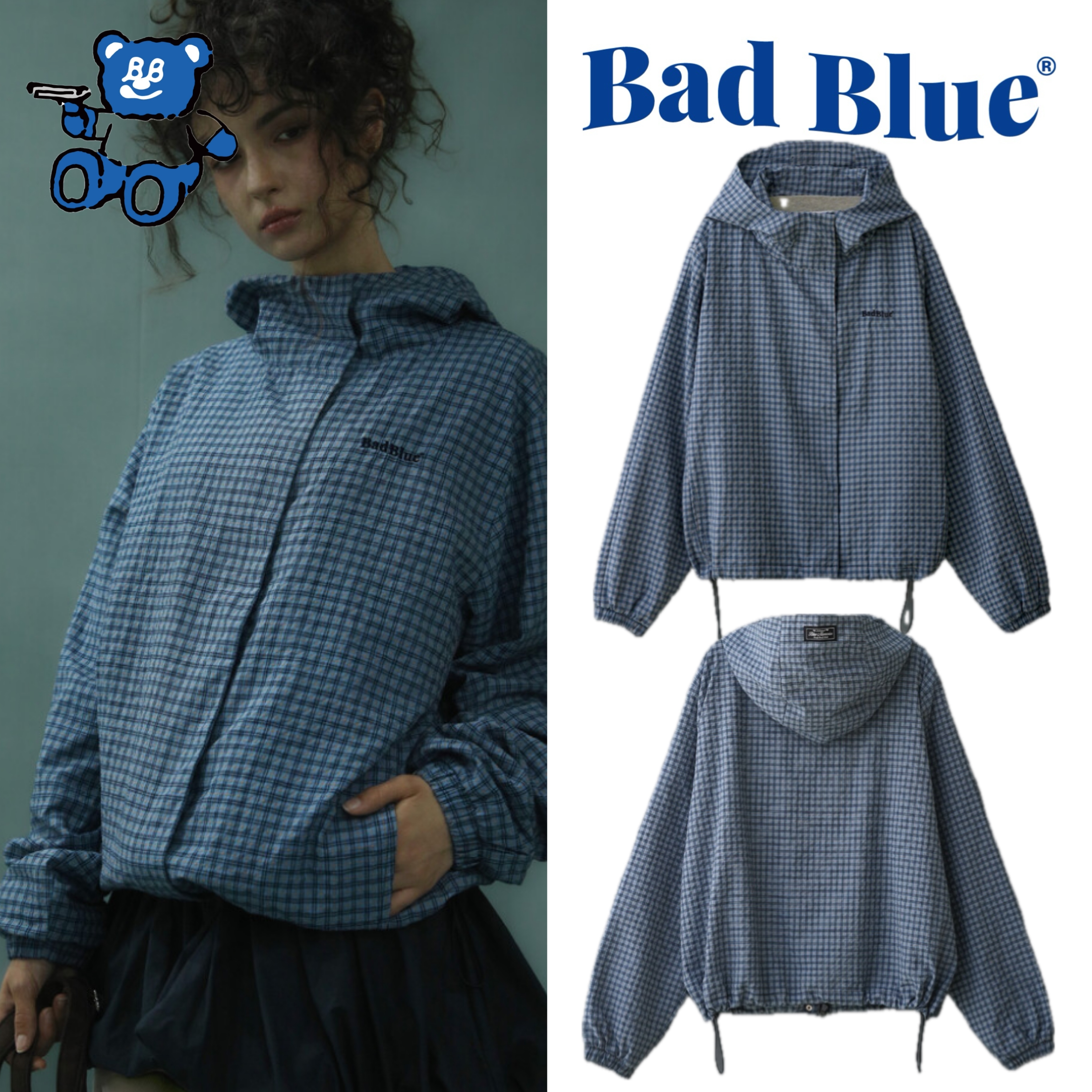 【韓国BAD BLUE バッドブルー】Check Hoodie Jacket Blue