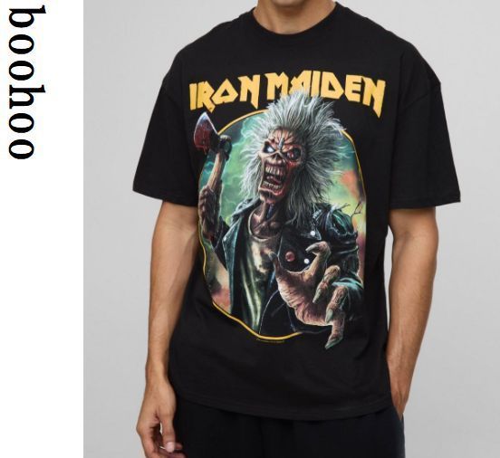 boohoo MAN★オーバーサイズ 半袖 アイアンメイデン Tシャツ★黒