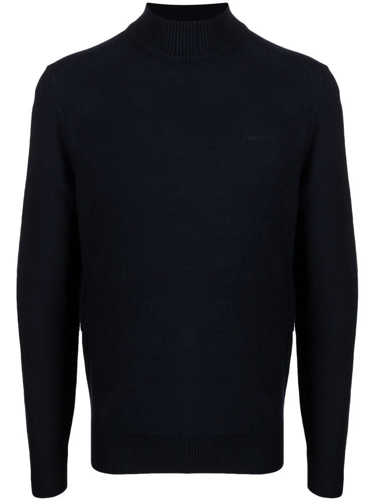 スウェット・トレーナー BOSS Logo Embroidered Wool Blend Turtle Neck Sweater Navy