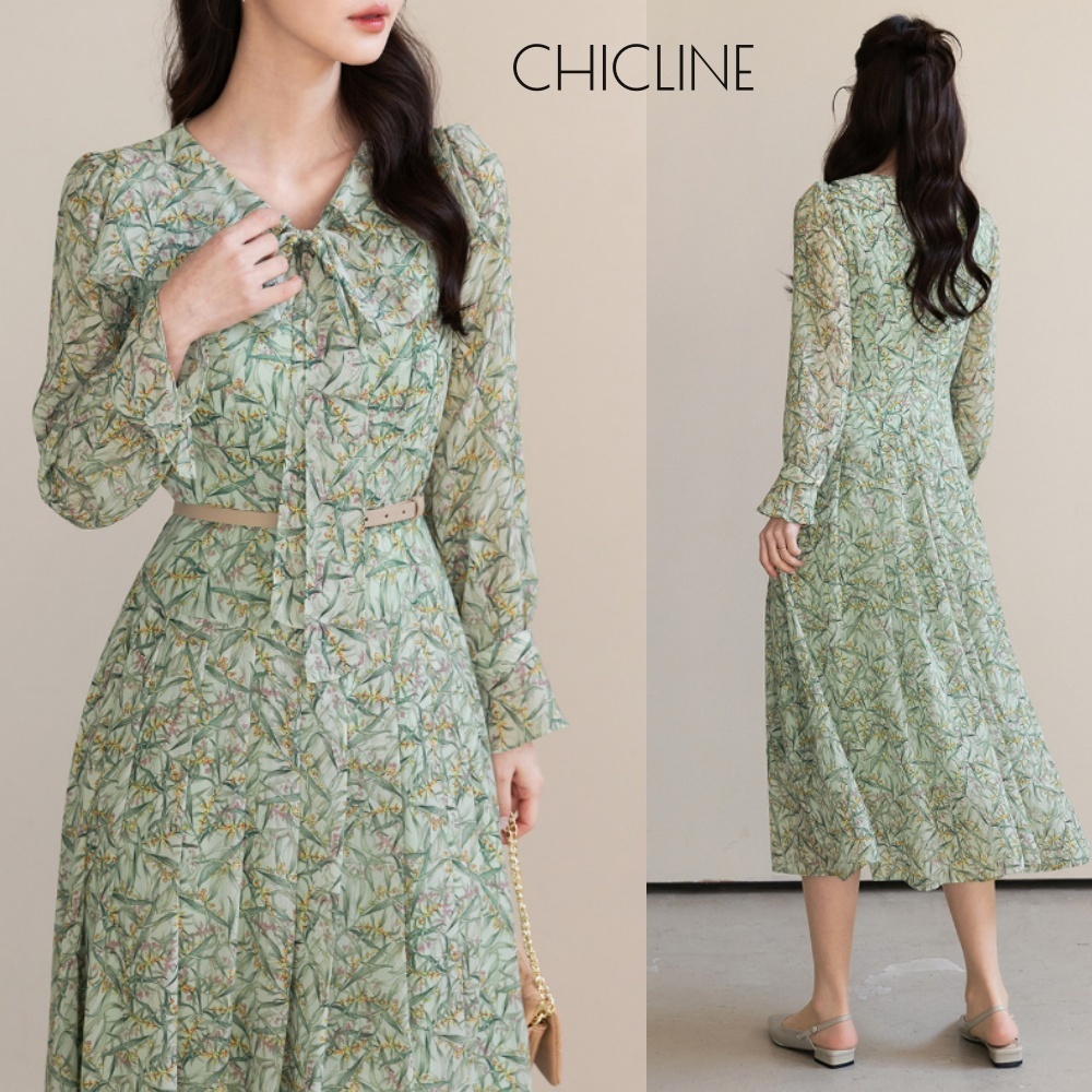 【CHICLINE】LABE フラワータイネックベルトワンピース