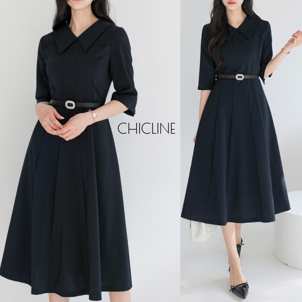 【CHICLINE】ASEN フラットカラーキュービックベルトワンピース