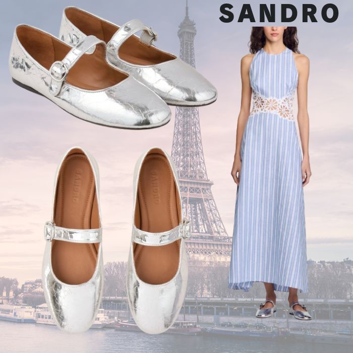 フランス発 Sandro 履きやすい!レザー バレイシューズ シルバー