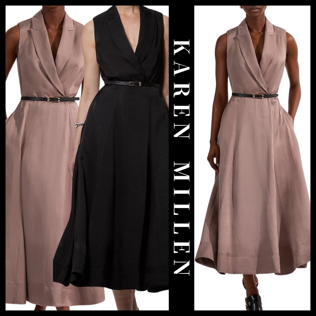 KAREN MILLEN 日本未入荷 リネン ミディドレス 襟付き Vネック