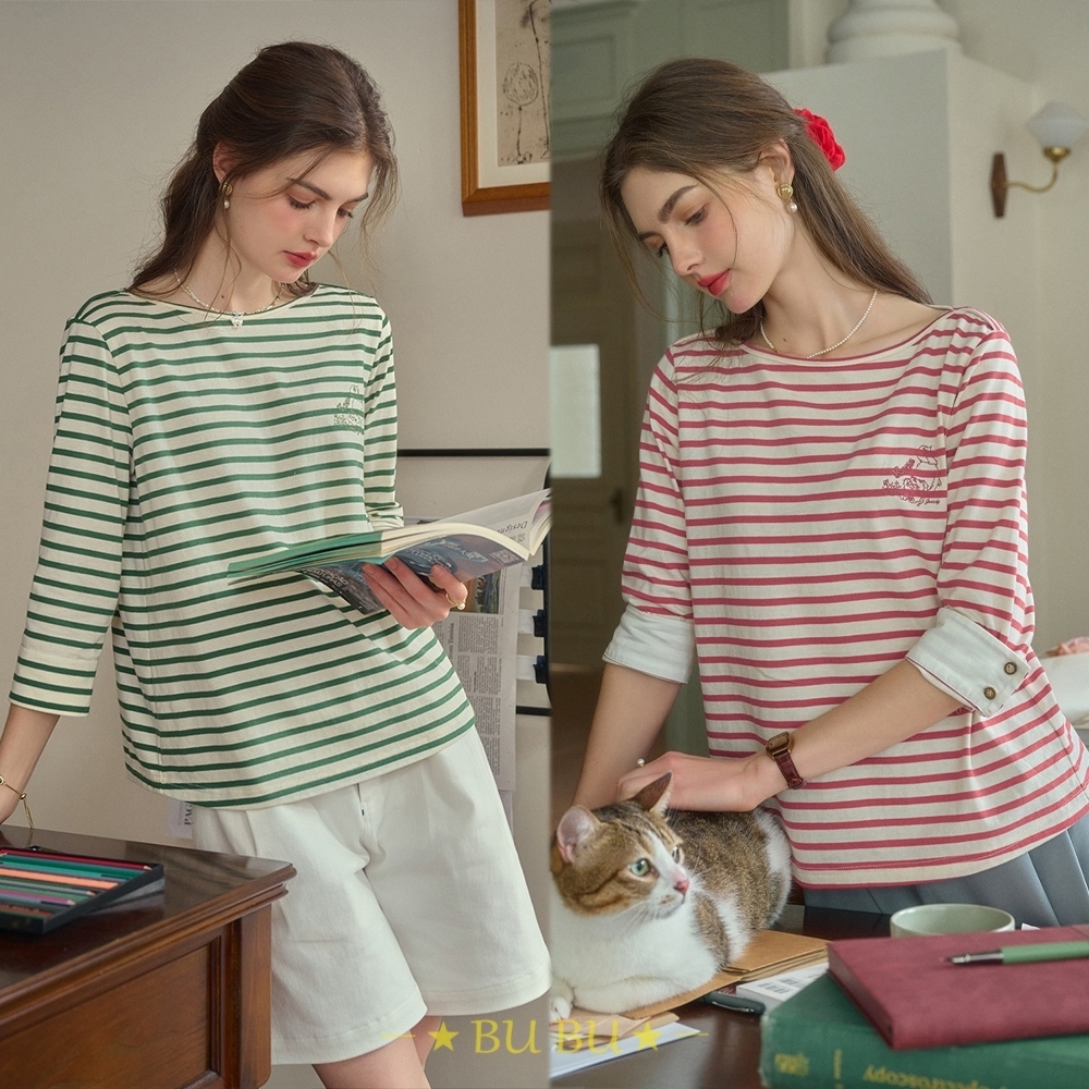 Simple Retro キュート ストライプ 7分袖 Tシャツ