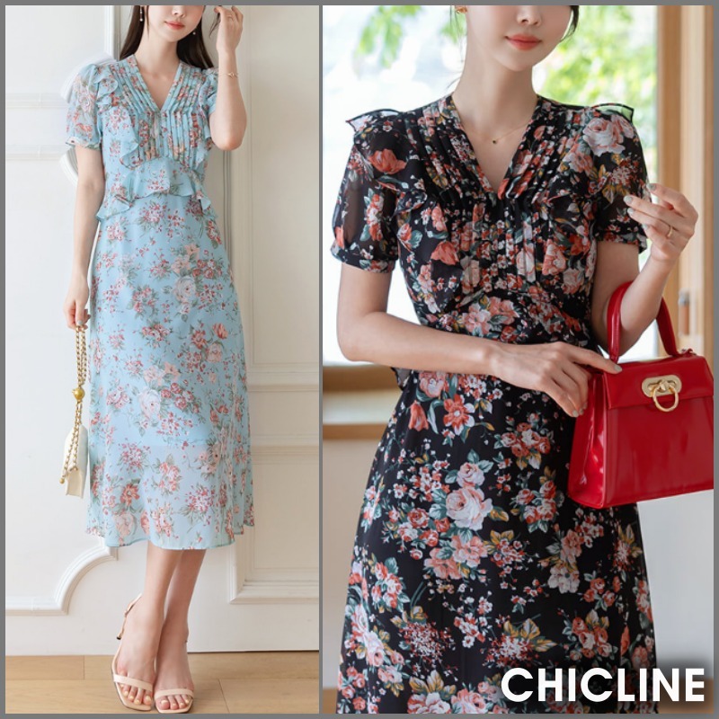 ★ChicLine★ ラッフルペプラムフローラルシフォンワンピース