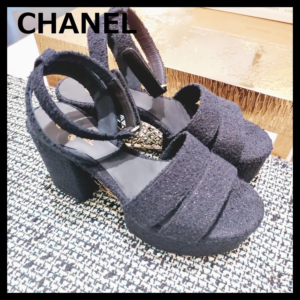 CHANEL シャネル サンダル 25S コットンツイード 9cmヒール 黒