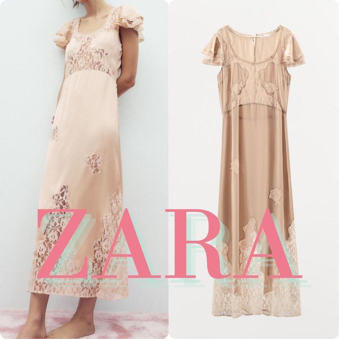 ZARA 刺繍入りサテンミディ丈ワンピース 1377/500