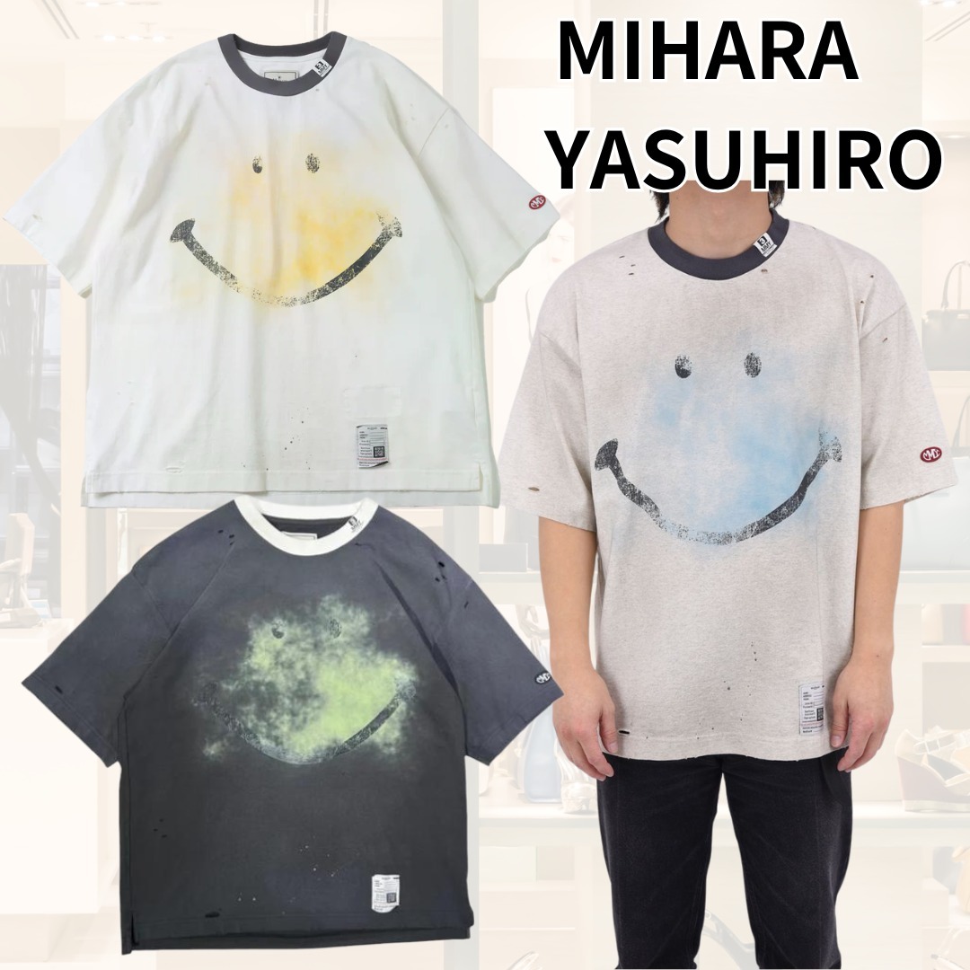 【MIHARAYASUHIRO】Smily Face Print Distressed Ringer Tシャツ