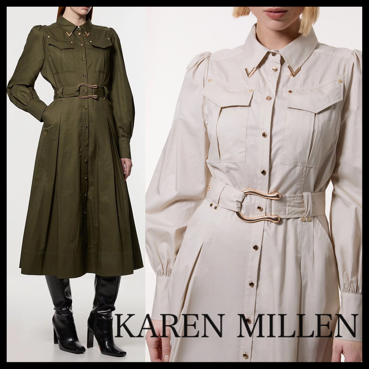 KAREN MILLEN* コットンサテン ミリタリーシャツワンピース