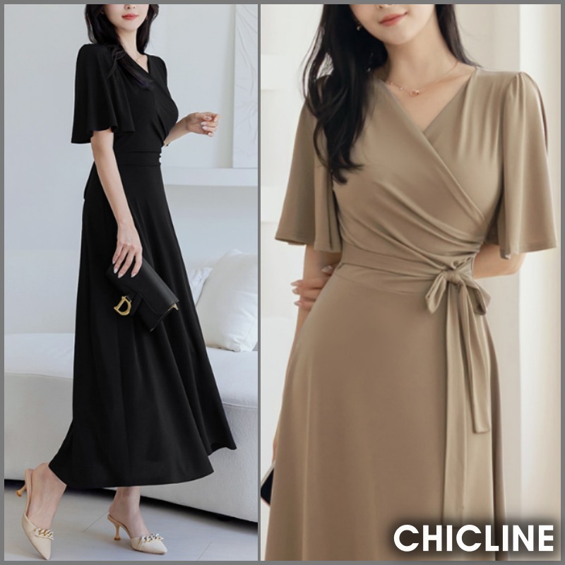 ★ChicLine★ シャーリングウィングスリーブフレアワンピース