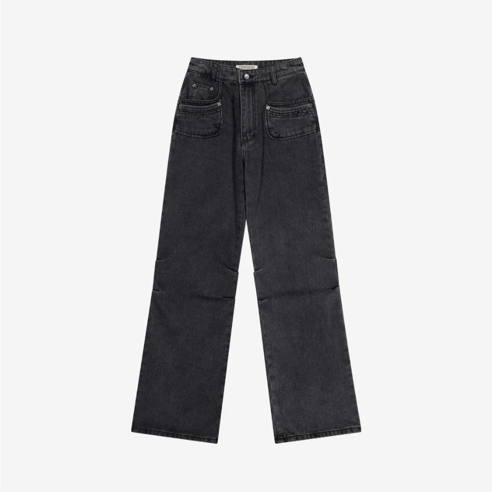 【COYSEIO】 FLOWER SNAP DENIM PANTS BLACK
