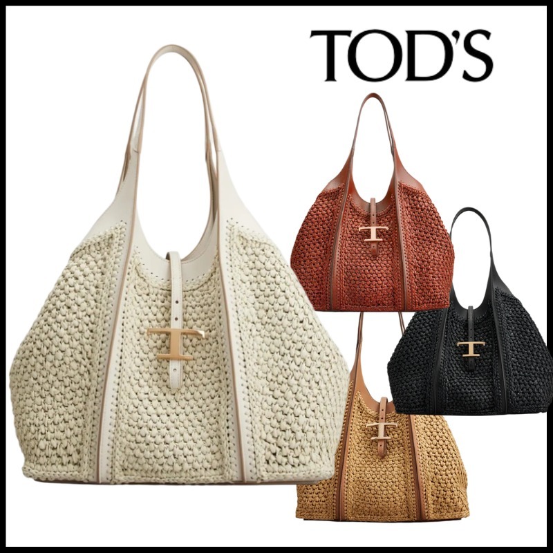 ★TOD'S★Tタイムレス ラフィア＆レザー ショッピングミニバッグ