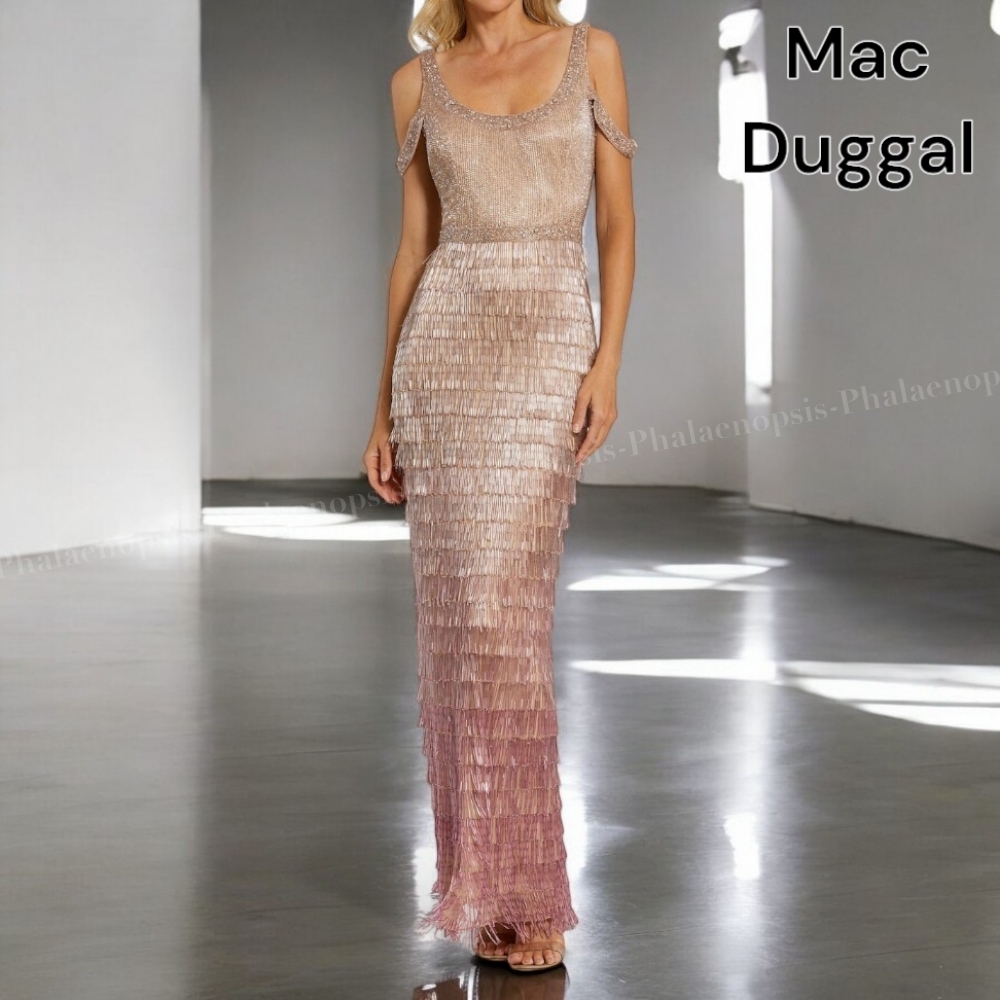 ●Mac Duggal●ピンク スクープネック フリンジ ガウン