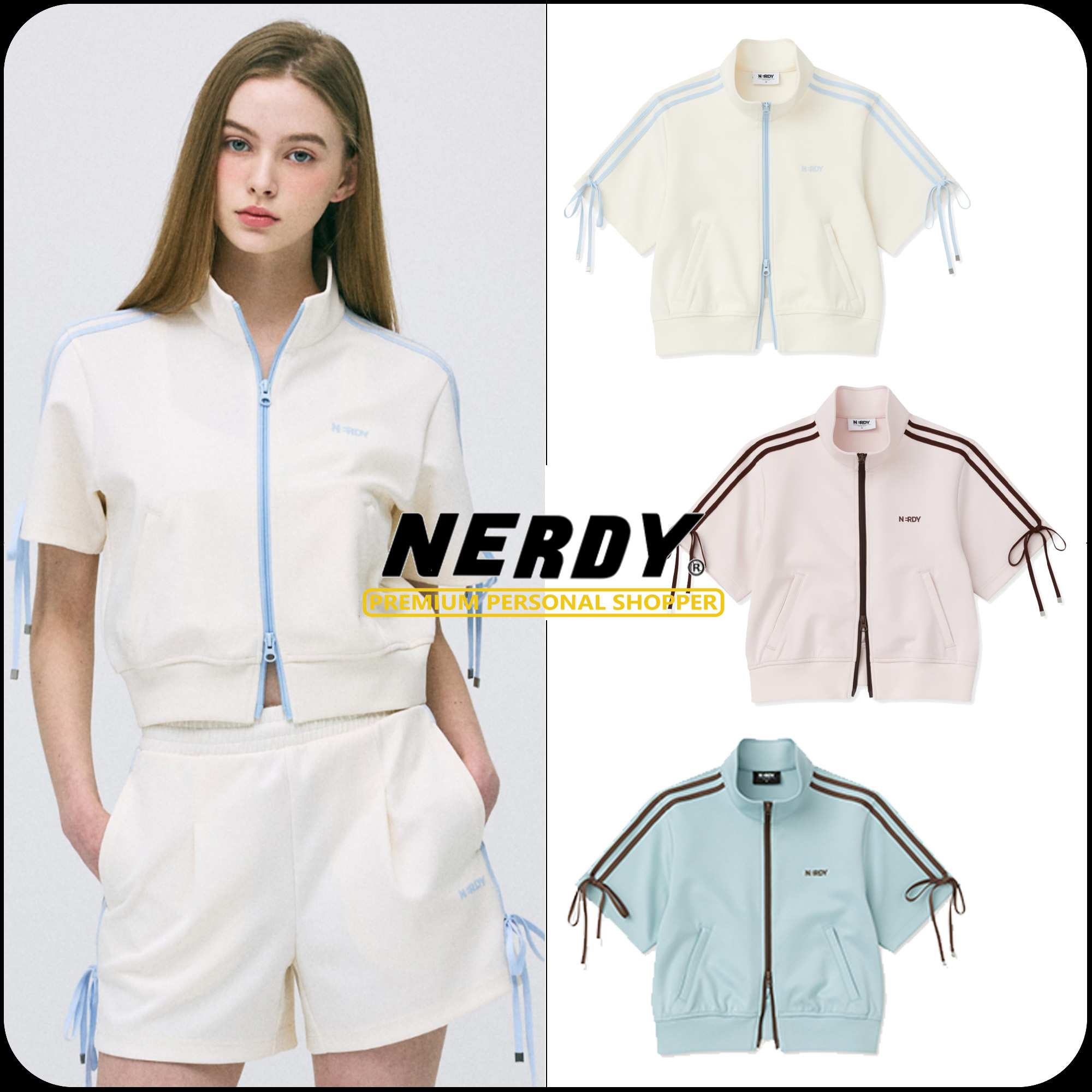 [ NERDY ]★WOMEN'S RIBBON SEMI-CROP SHORT SLEEVE TRACK TOP
