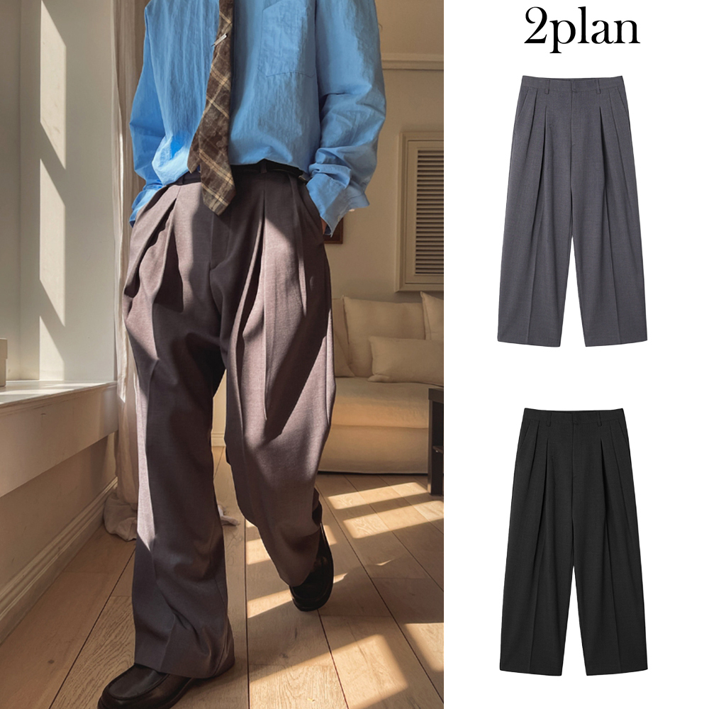 【2plan】Summit Crease Pintuck Wide Slacks