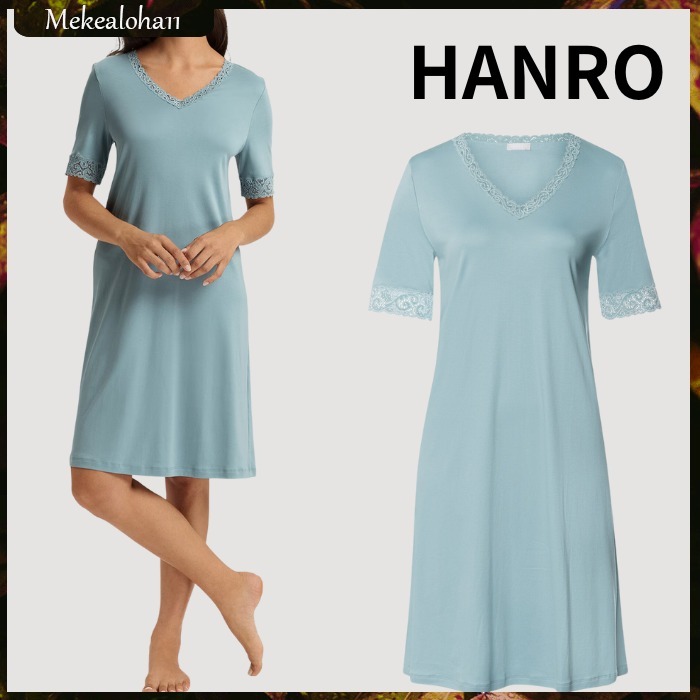 HANRO☆モーメンツコットンレーストリム半袖ナイトドレス ブルー