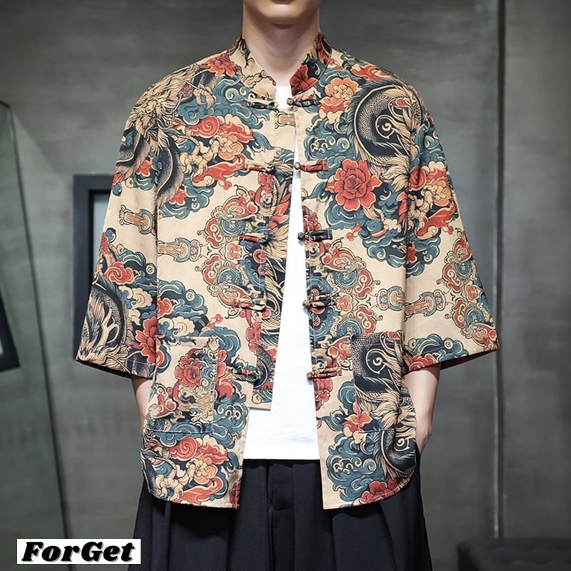 韓国 チャイナ風 半袖シャツ 総柄 花柄 ニッチ チャイナボタン