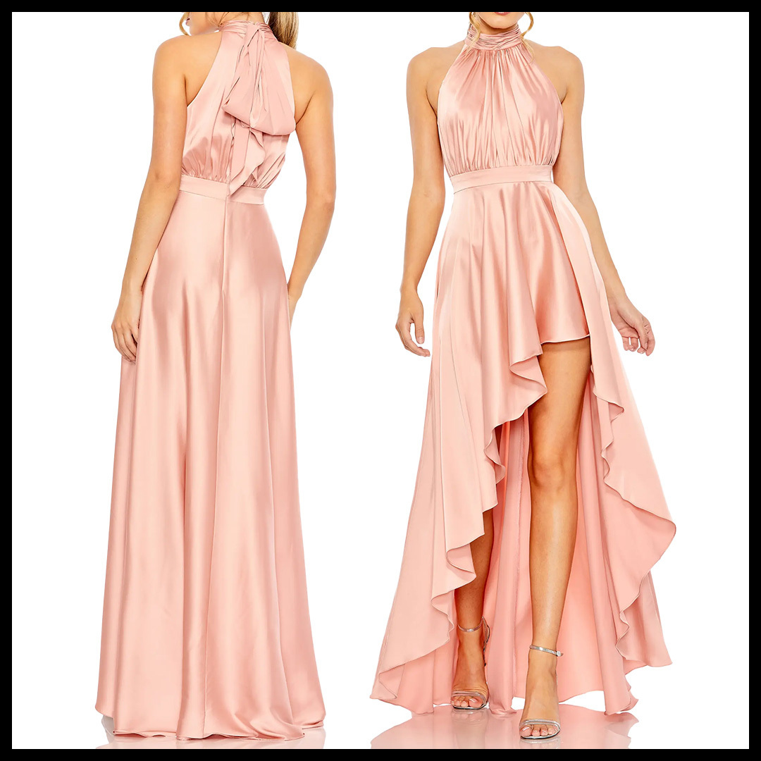 Mac Duggal ハイネック サテン ハイロー フリル ロングドレス