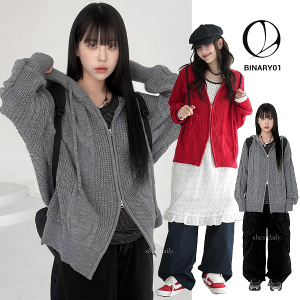 【binary01】[Unisex] 2way heart knit zip-up cardigan ★