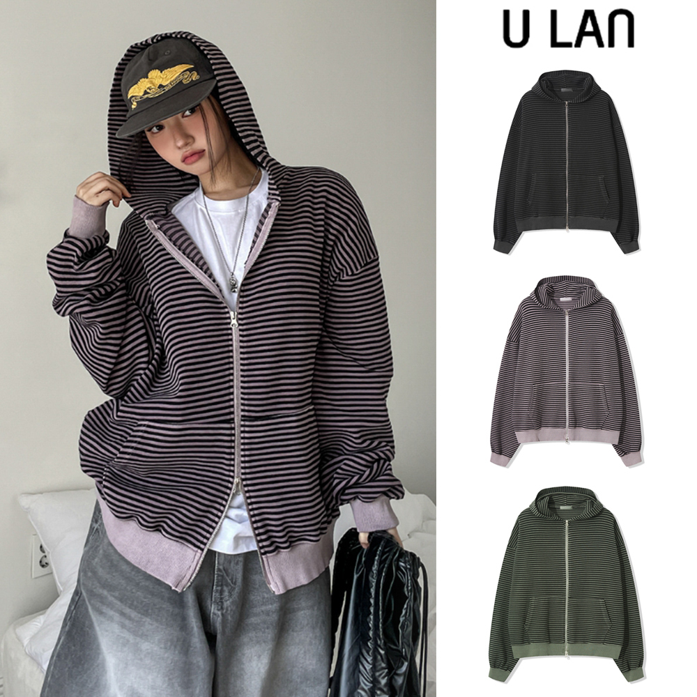 【U LAN】Paying Pigment Stripe Two Way Hooded Zip-Up