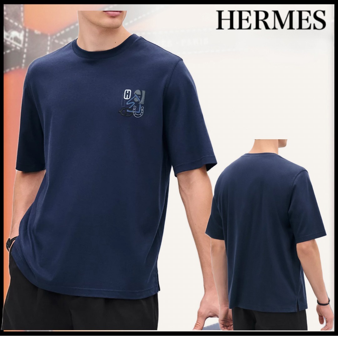 【レザーワッペン付き】HERMES Tシャツ お洒落 シンプル