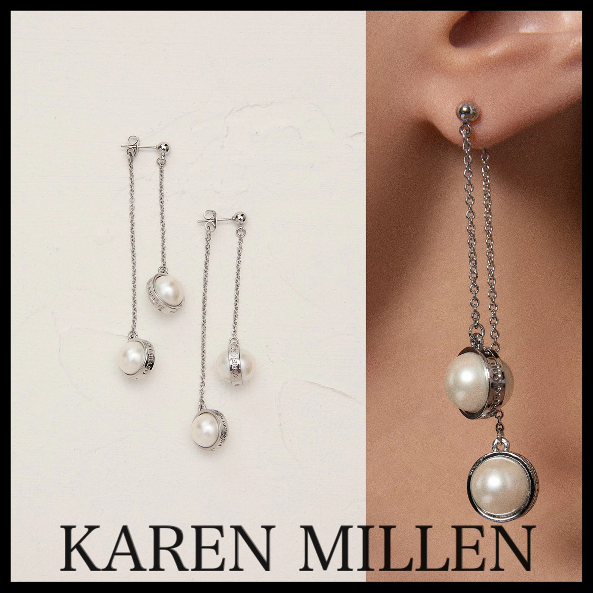 KAREN MILLEN* トーン パール ダブルドロップ ピアス 関税込