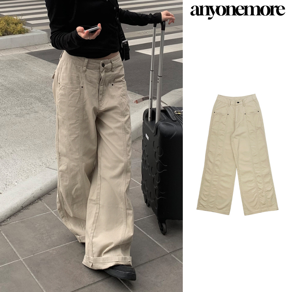【Anyone more】[A/M] Bez Cotton Incised Wide Pants