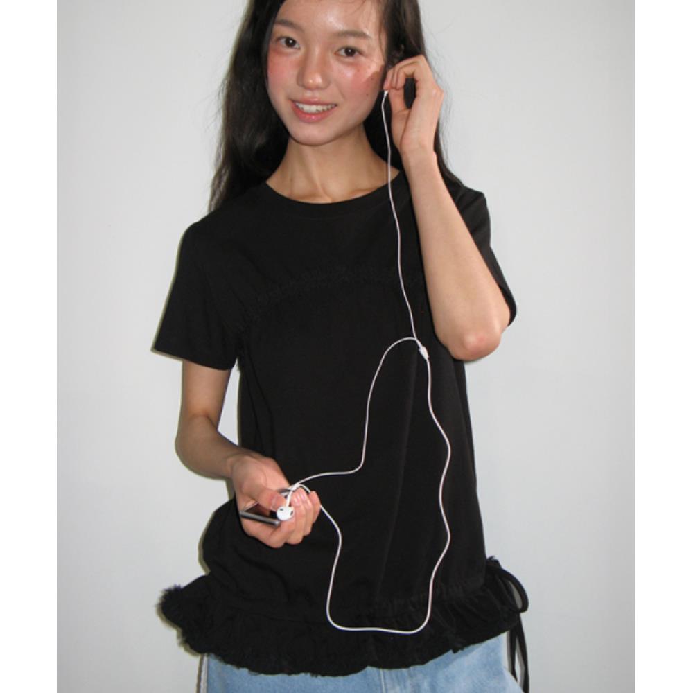 ◆RONRON◆ FRILL SHIRRING SHORT SLEEVE T SHIRT BLACK