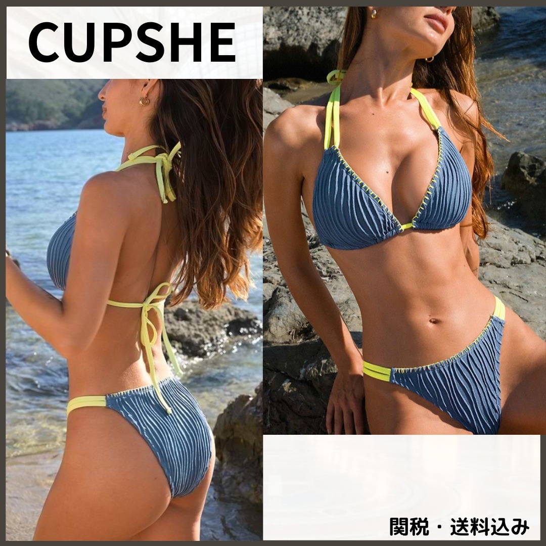 関税込み★CUPSHE★ネオンステッチ ビキニトップ＆ボトムス 水着