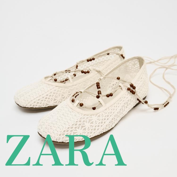 【ZARA】かぎ針編み＆ビーズ付きバレリーナシューズ1504/510/002