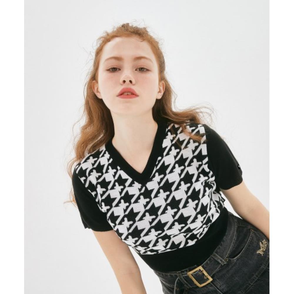 ☆NASTY FANCY CLUB☆ NF Houndstooth Check Crop Knit Tee BLAC