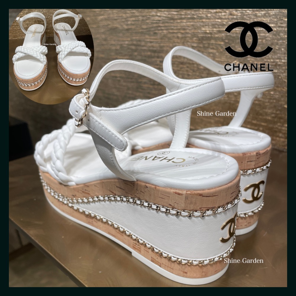 25ss 後ろも可愛い♪ CHANEL 厚底サンダル 編み込み チェーン CC