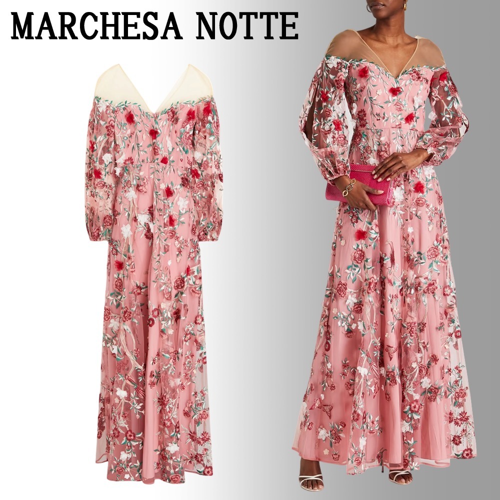 MARCHESA NOTTE チュール ロングドレス 刺繍