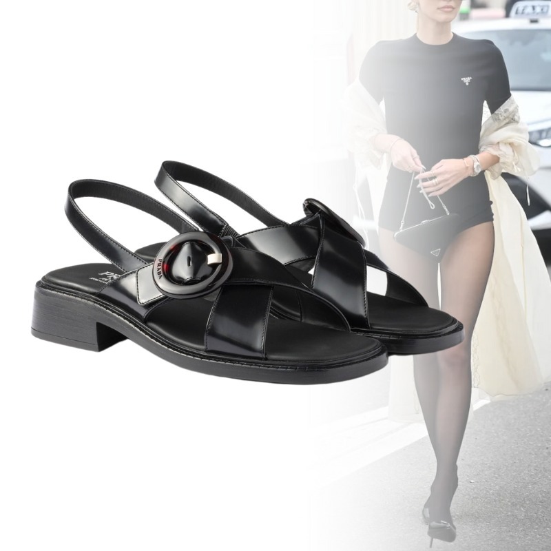 PRADA プラダ ロゴ バックル付 ブラッシュドレザー サンダル