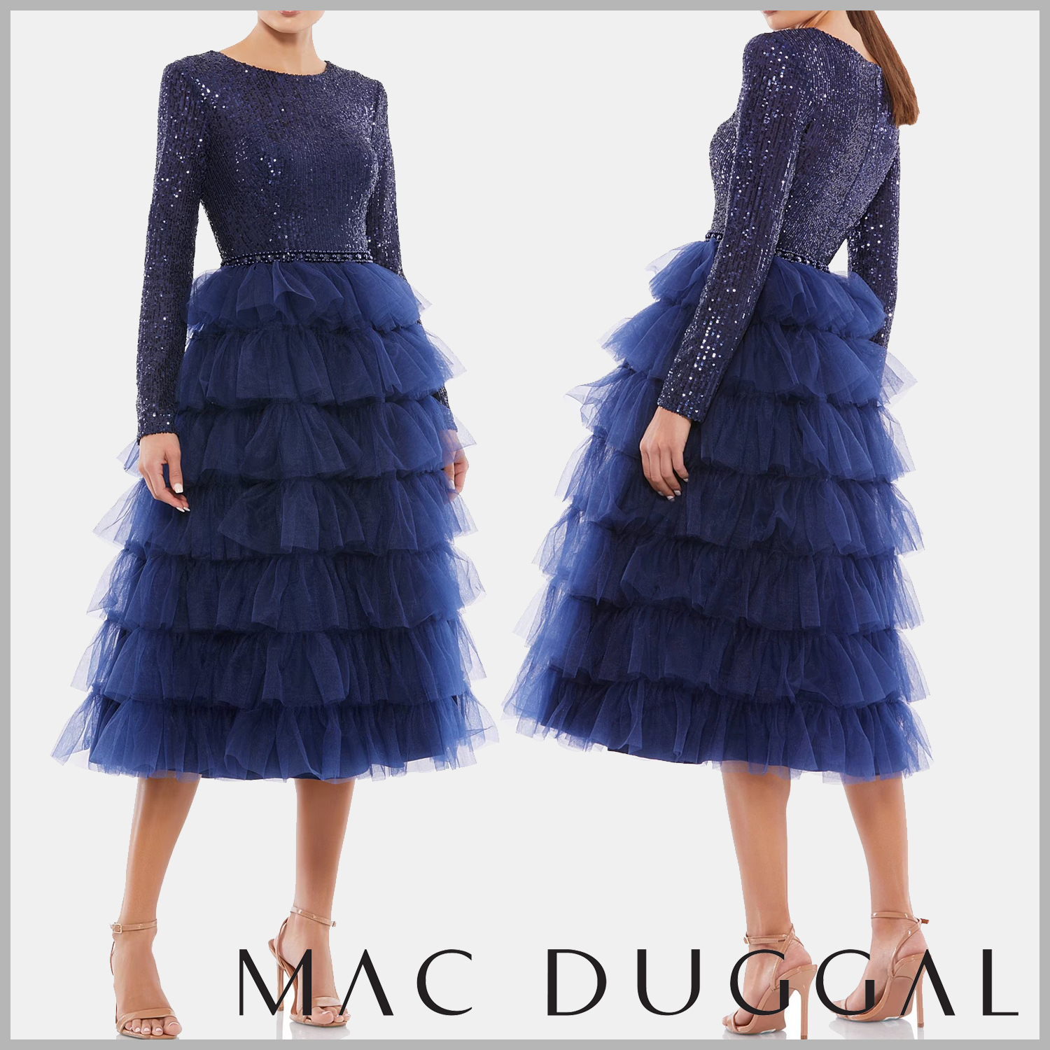 【Mac Duggal】ティアードフリルのミディ丈パーティードレス