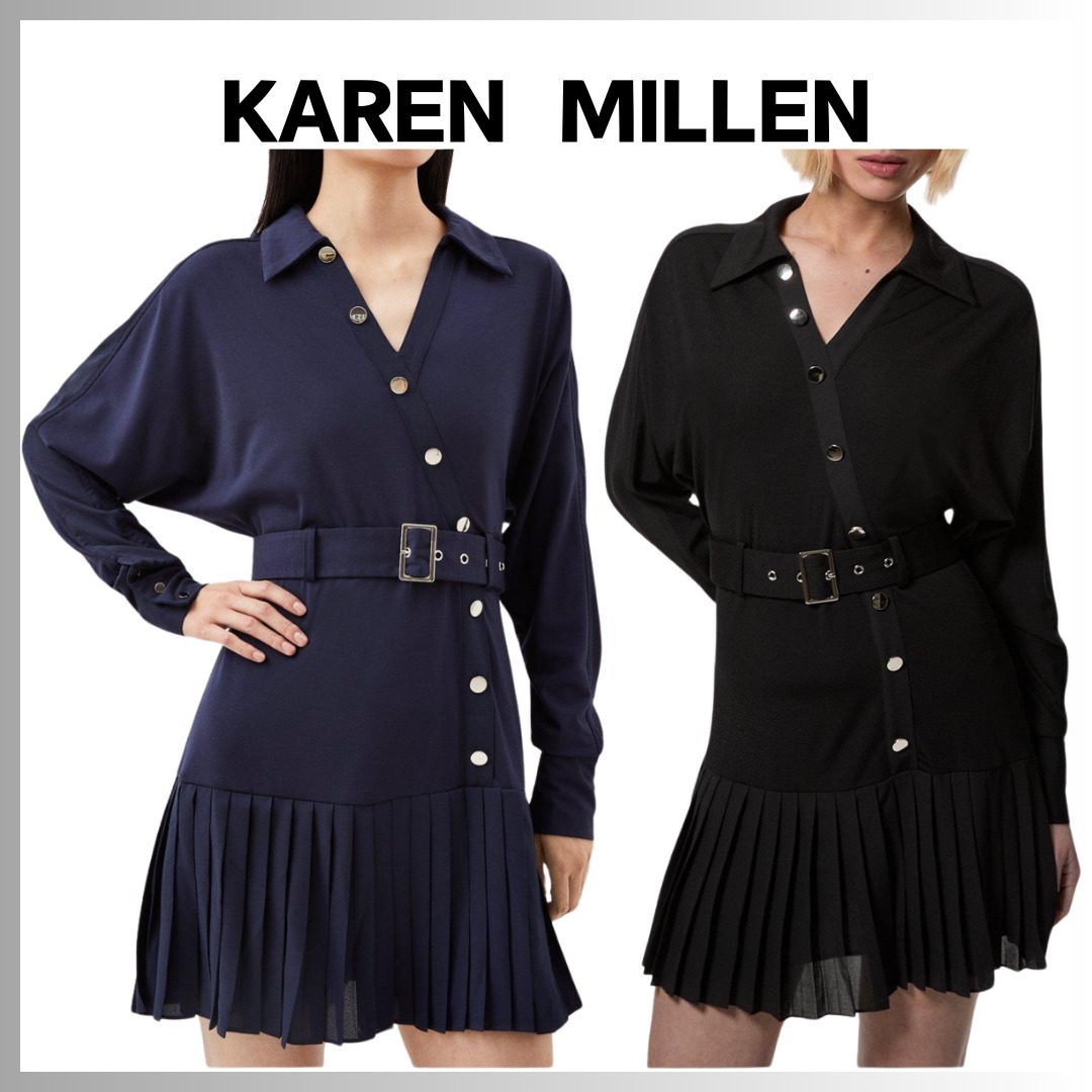 Karen Millen：ミックスベルト付 プリーツ ミニドレス