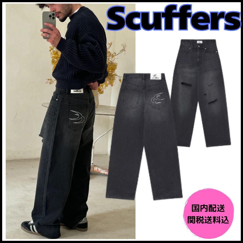 SNSで人気！【Scuffers】Jumbo Washed ブラックジーンズ 関送込