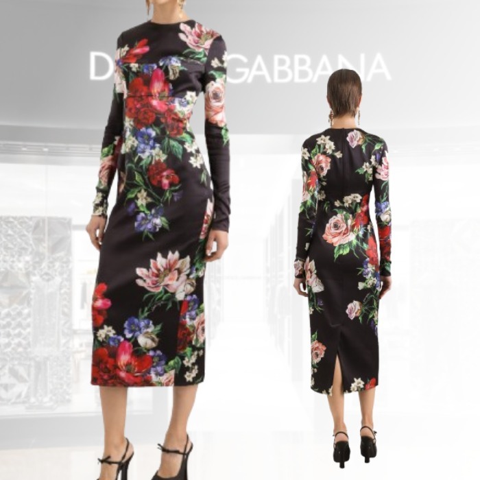 【ストレッチシルク】D&G フラワー柄 サテン ロンゲットドレス