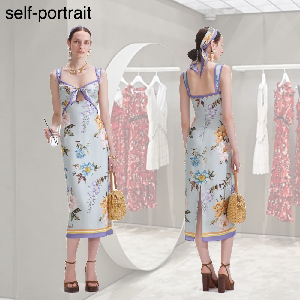 【希少】SELF PORTRAIT ブルー 花柄 シルクツイル ミディドレス