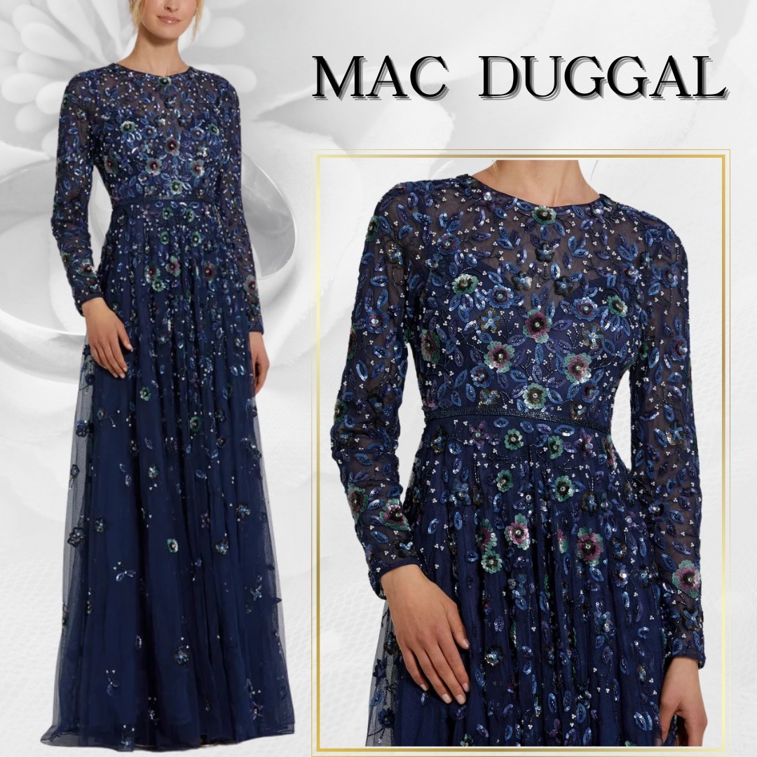 【MAC DUGGAL】ロングドレス ネイビー Aライン フレア 花柄 長袖