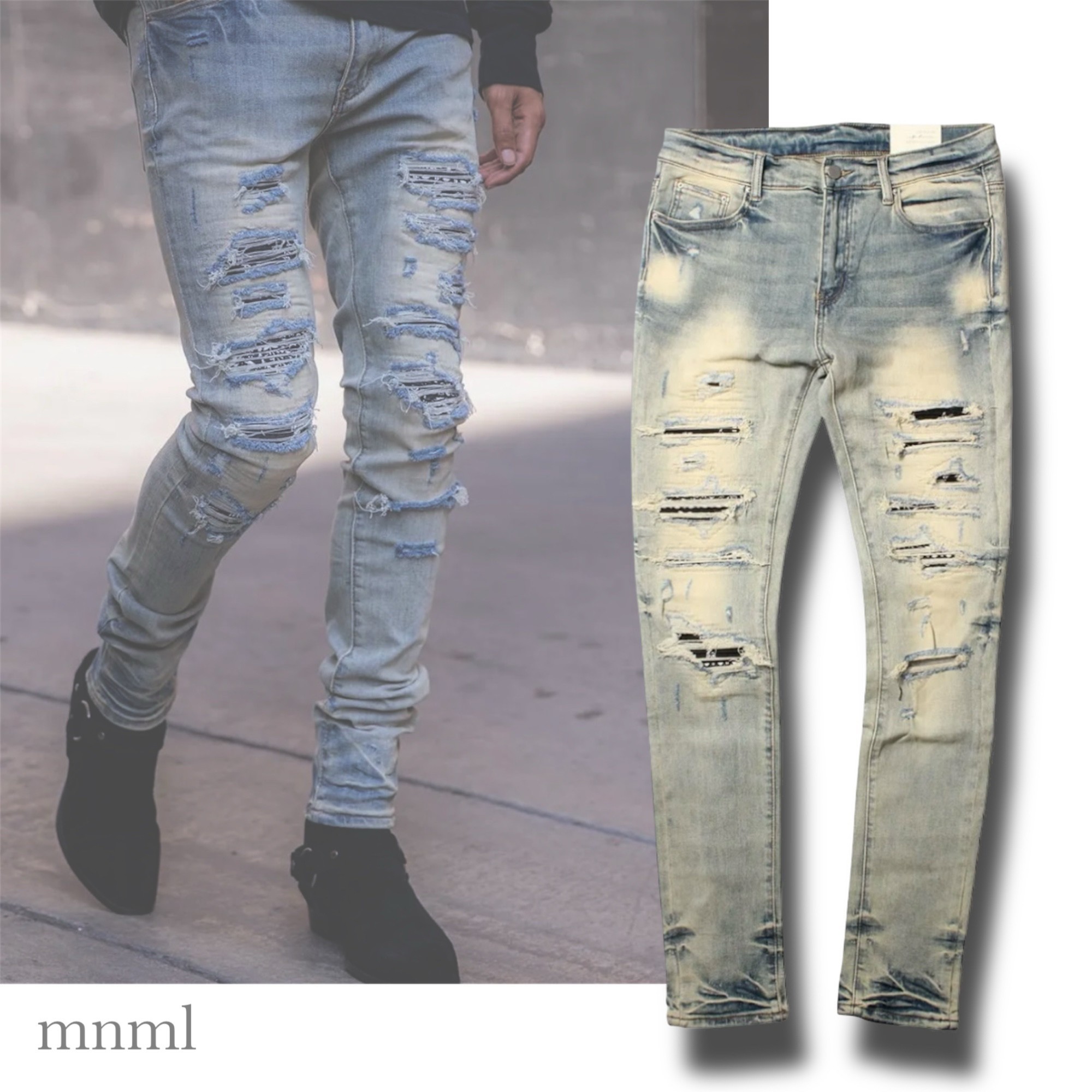 すぐ届く【mnml】X165 Paisley Stretch Denim Blue/Black