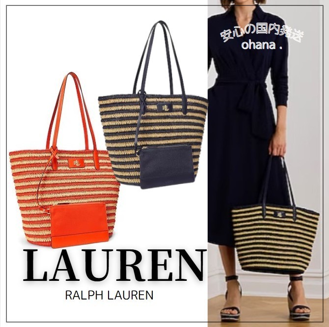 LAUREN RALPH LAUREN STRIPED STRAW LARGE BRIE トート 国内発送