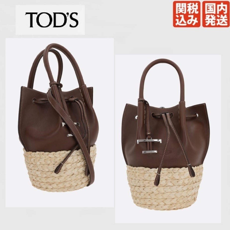 関税込み】TOD'S Bux mini bucket bag in leather and straw