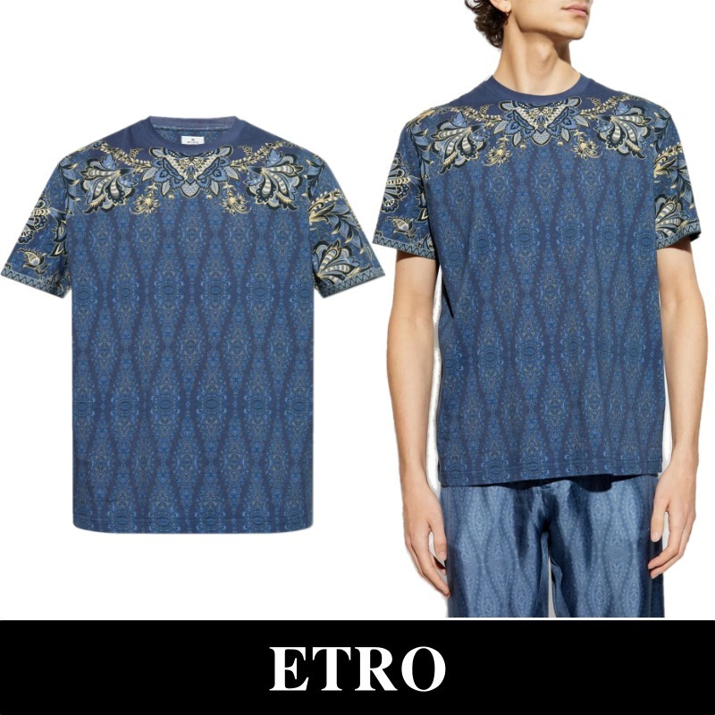 関税込【Etro】ペイズリーダークブルーコットン半袖Tシャツ