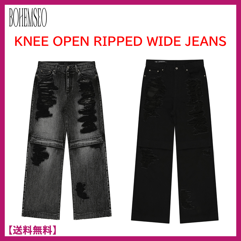 [25SS/人気]★BOHEMSEO★KNEE OPEN RIPPED WIDE JEANS★ジーンズ