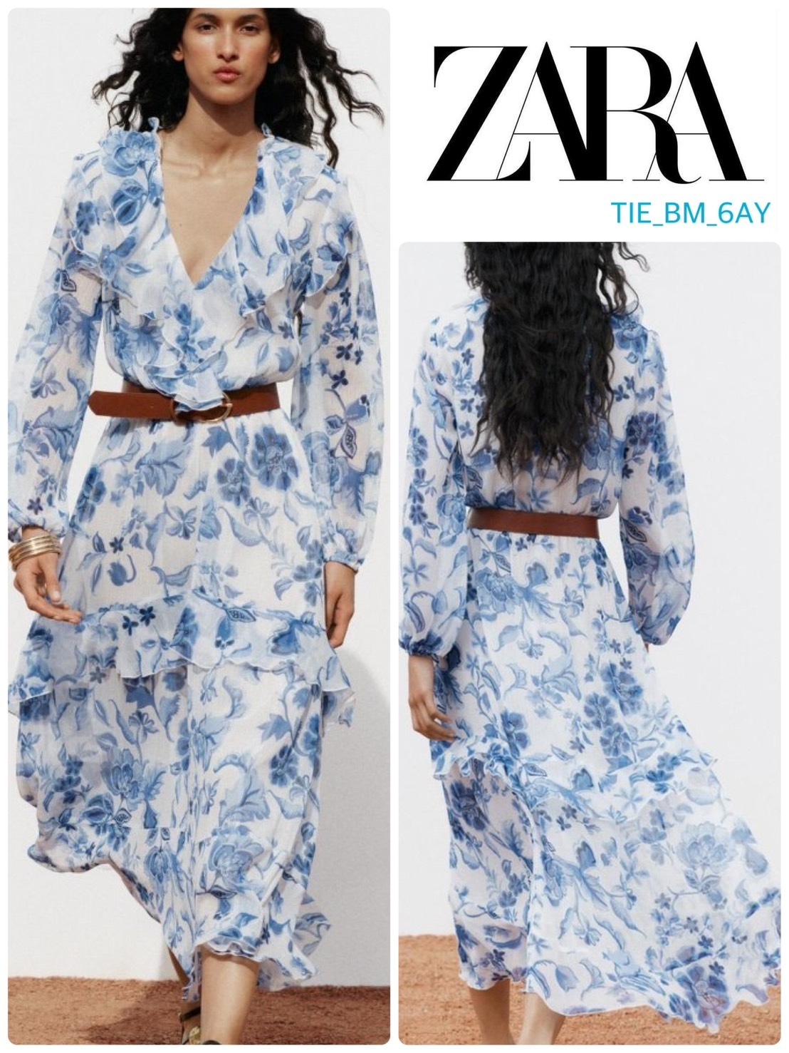 スペイン発送 ZARA ベルト付きプリントミディドレス カジュアル