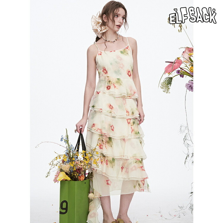 ELFSACK ワンピース キャミワンピース 花柄 ティアードスカート