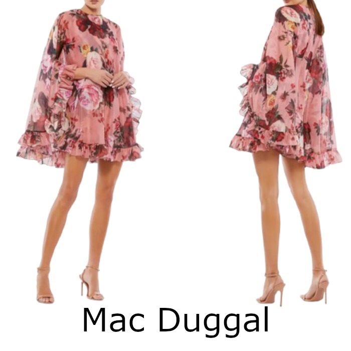 【Mac Duggal】花柄ハイネックフリル裾ケープミニドレス
