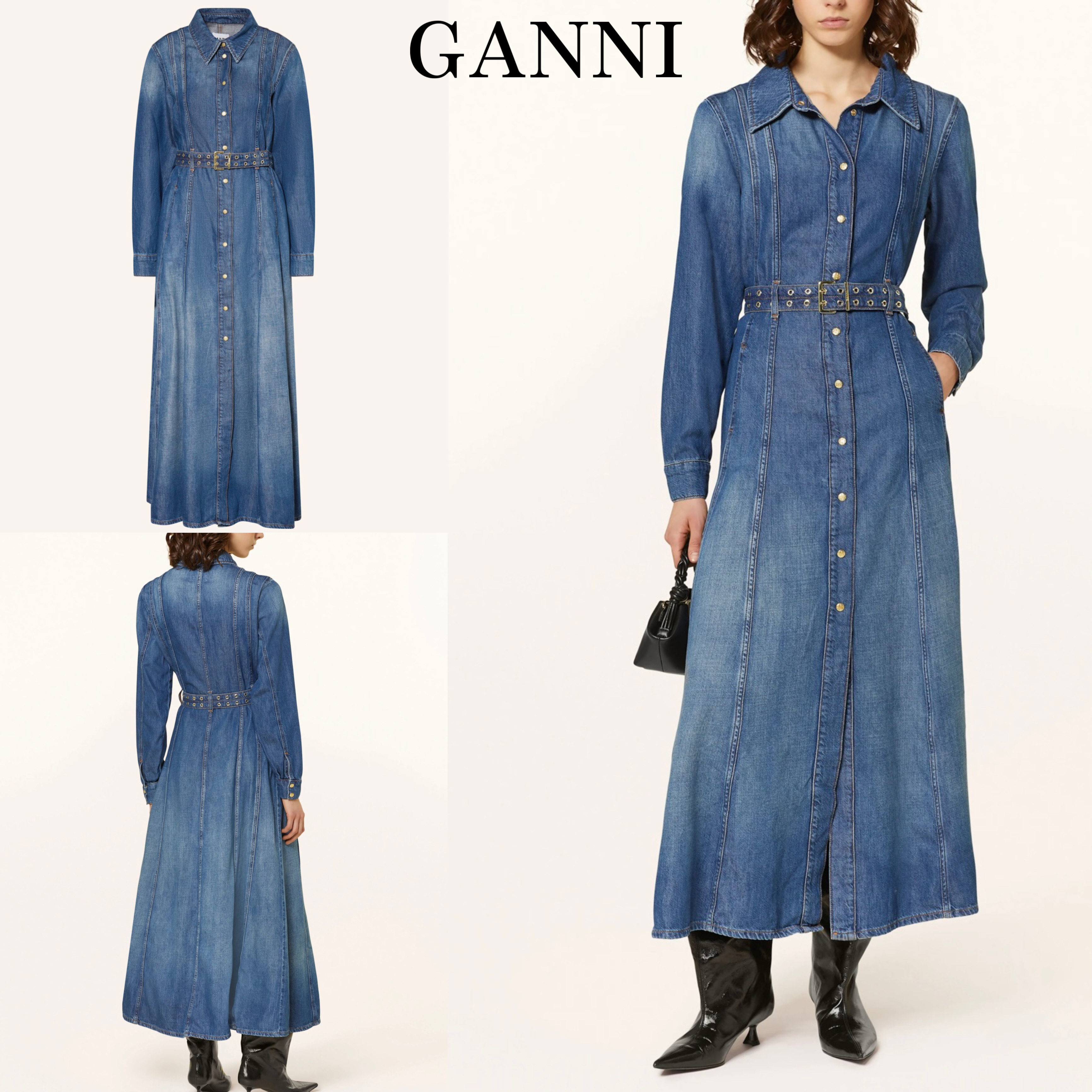 新作*GANNI*デニムドレス ワンピース マキシ丈 ベルト付